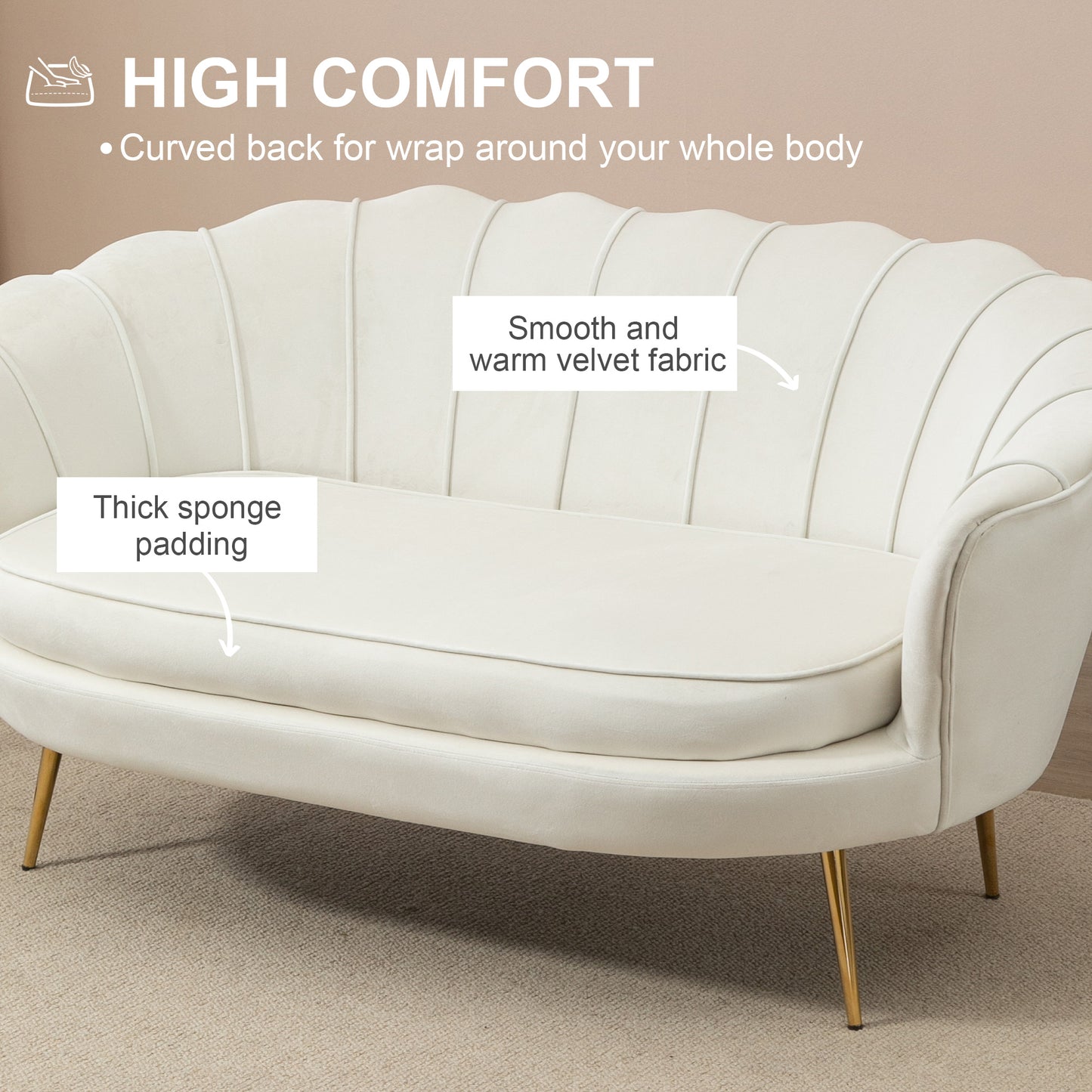 HOMCOM 2 Seater Sofa, Modern Velvet Loveseat Sofa, Fabric Small Couch with Petal Backrest and Gold Steel Legs for Living Room, Bedroom, Cream-3