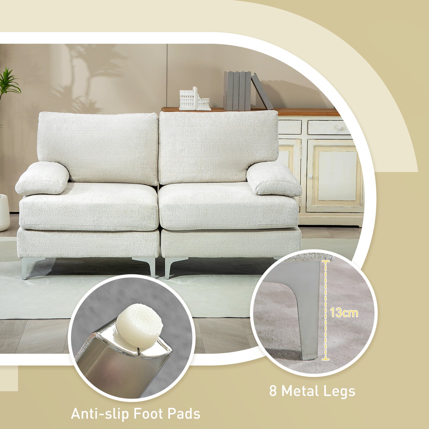 HOMCOM 2 Seater Sofa, Modern Fabric Loveseat with Spring Cushion and Metal Legs, Small Couch in Cream White-4
