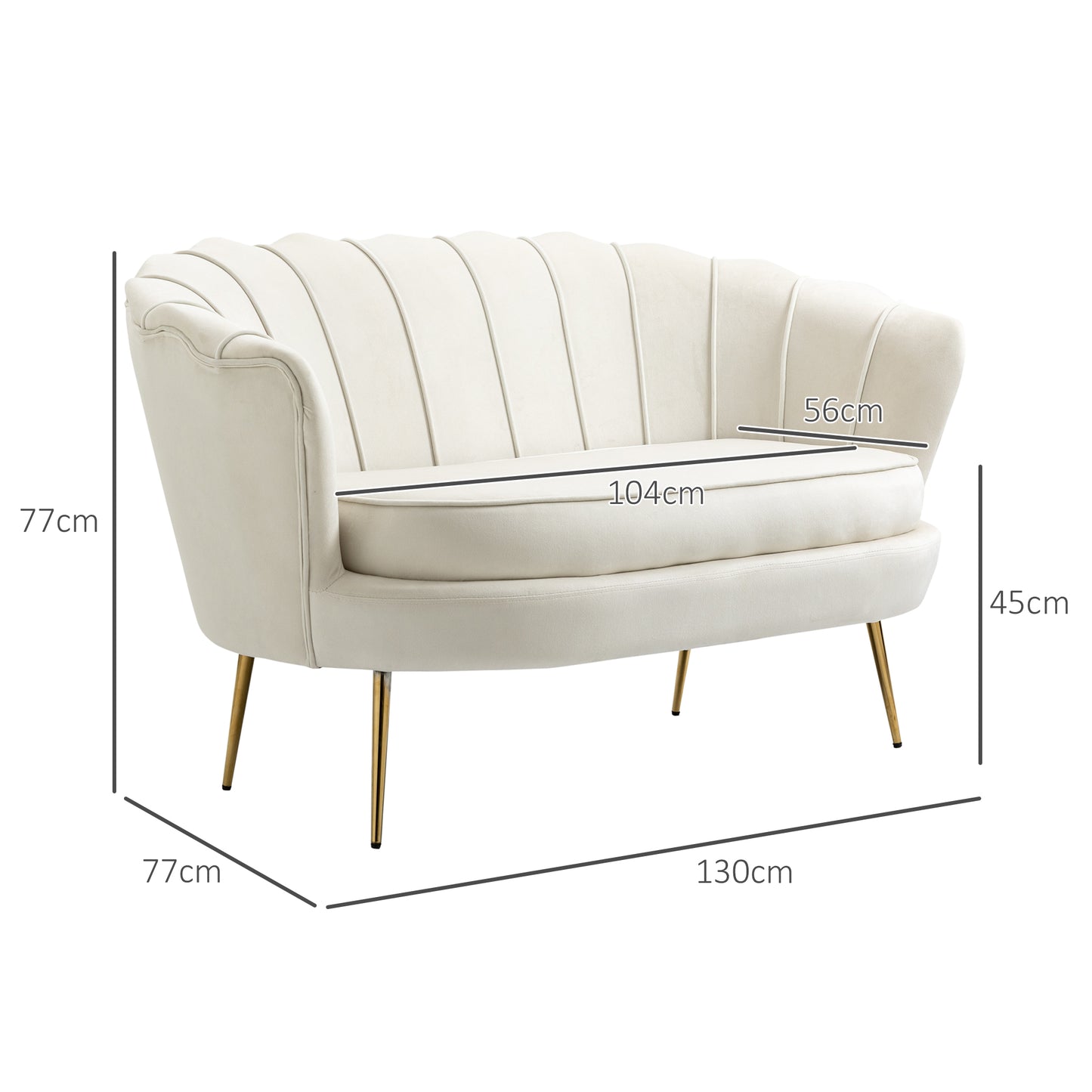 HOMCOM 2 Seater Sofa, Modern Velvet Loveseat Sofa, Fabric Small Couch with Petal Backrest and Gold Steel Legs for Living Room, Bedroom, Cream-1