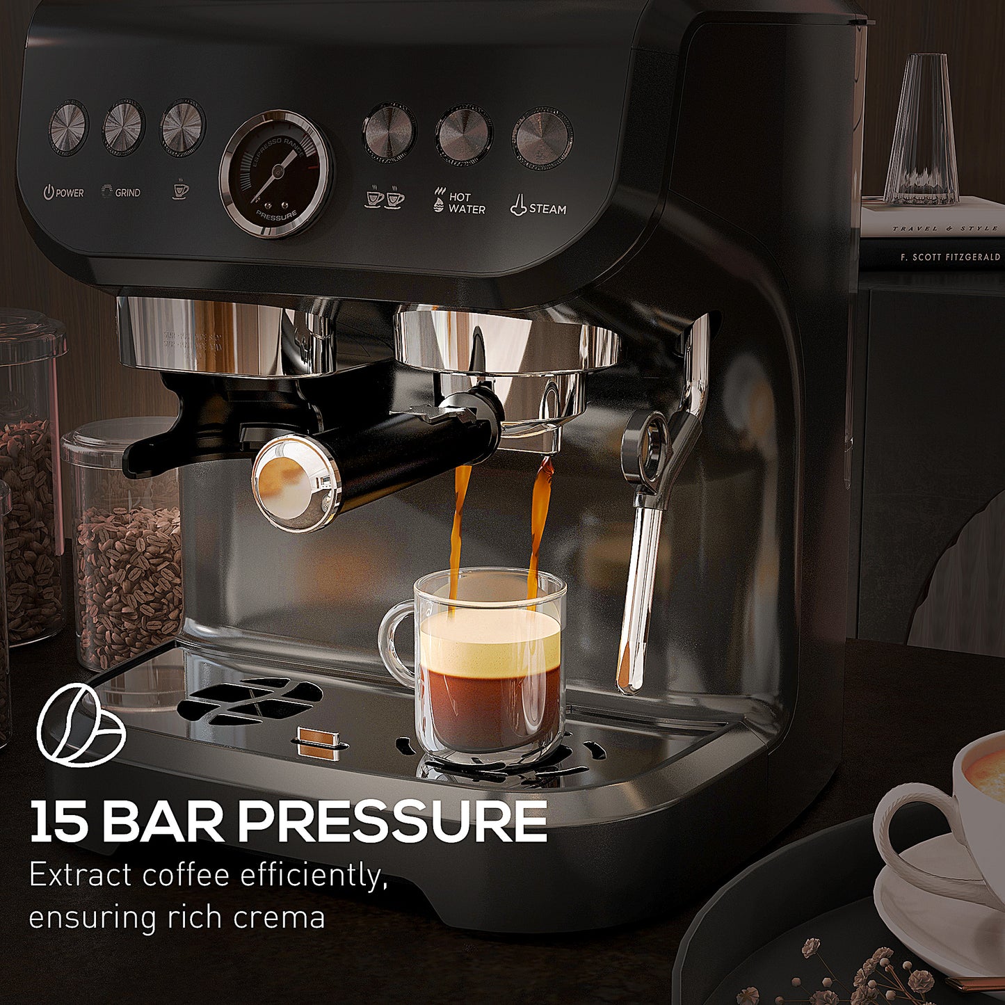 15 Bar Coffee Machine, with Adjustable Grind, Steamer and Accessories by HOMCOM-4
