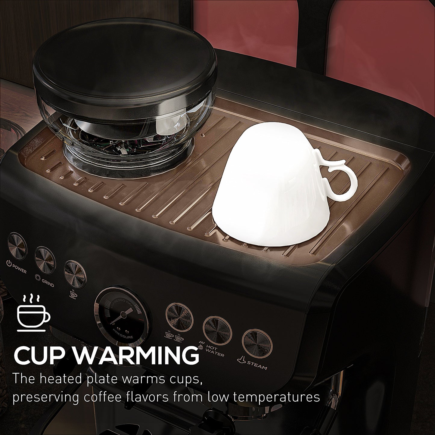 15 Bar Coffee Machine, with Adjustable Grind, Steamer and Accessories by HOMCOM-6