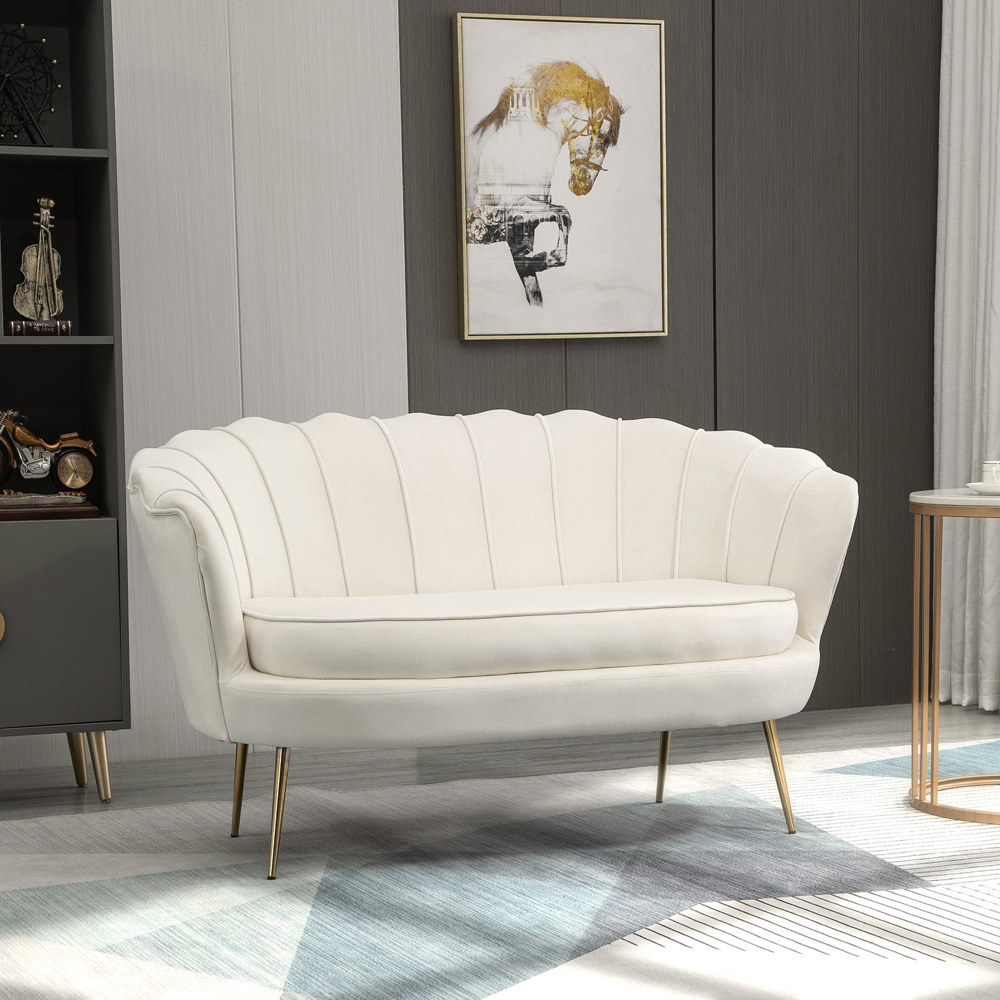HOMCOM 2 Seater Sofa, Modern Velvet Loveseat Sofa, Fabric Small Couch with Petal Backrest and Gold Steel Legs for Living Room, Bedroom, Cream-8