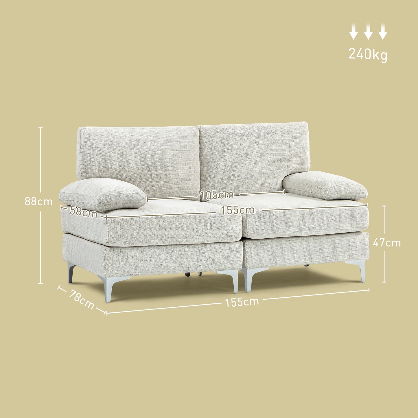 HOMCOM 2 Seater Sofa, Modern Fabric Loveseat with Spring Cushion and Metal Legs, Small Couch in Cream White-1