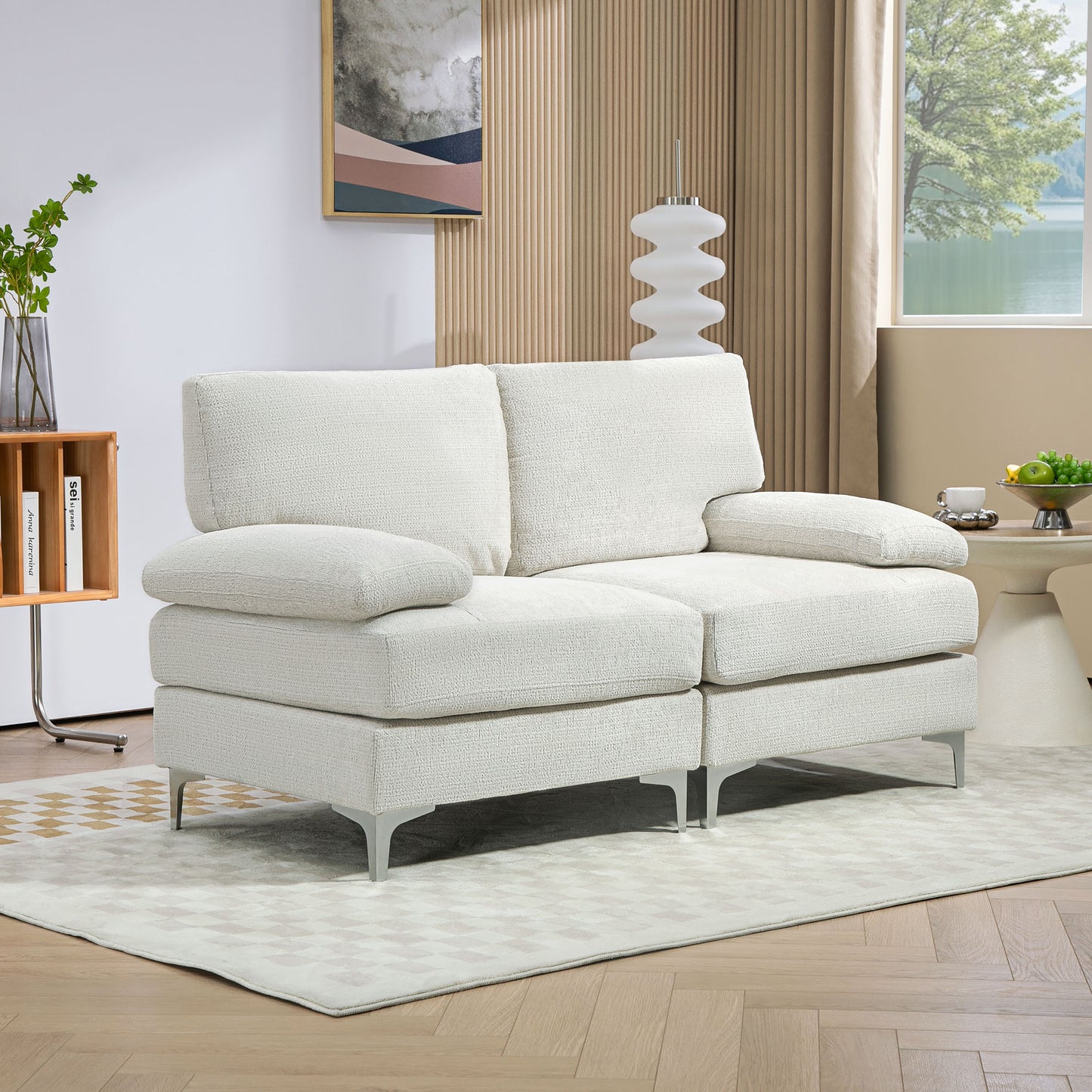 HOMCOM 2 Seater Sofa, Modern Fabric Loveseat with Spring Cushion and Metal Legs, Small Couch in Cream White-8