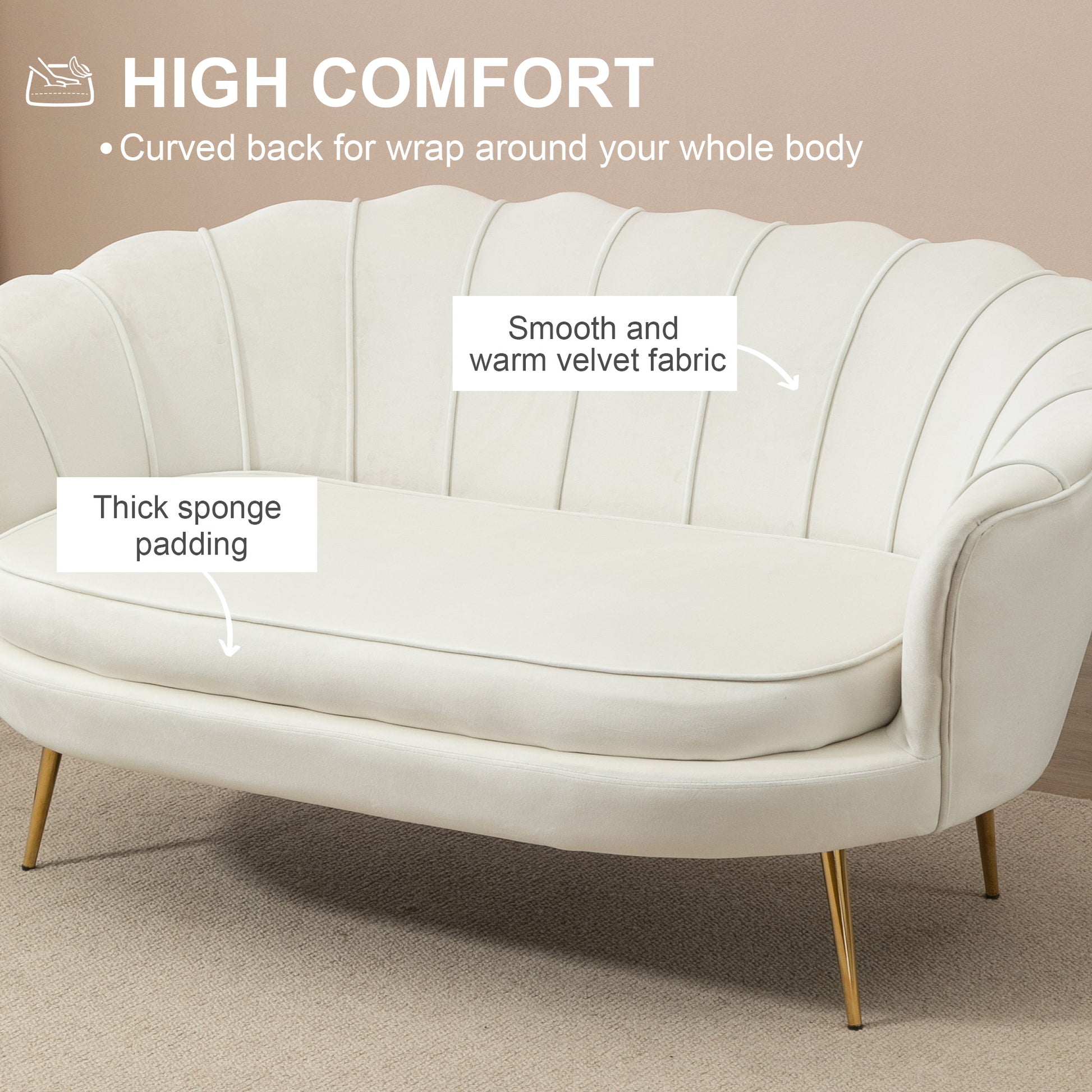 HOMCOM 2 Seater Sofa, Modern Velvet Loveseat Sofa, Fabric Small Couch with Petal Backrest and Gold Steel Legs for Living Room, Bedroom, Cream-3