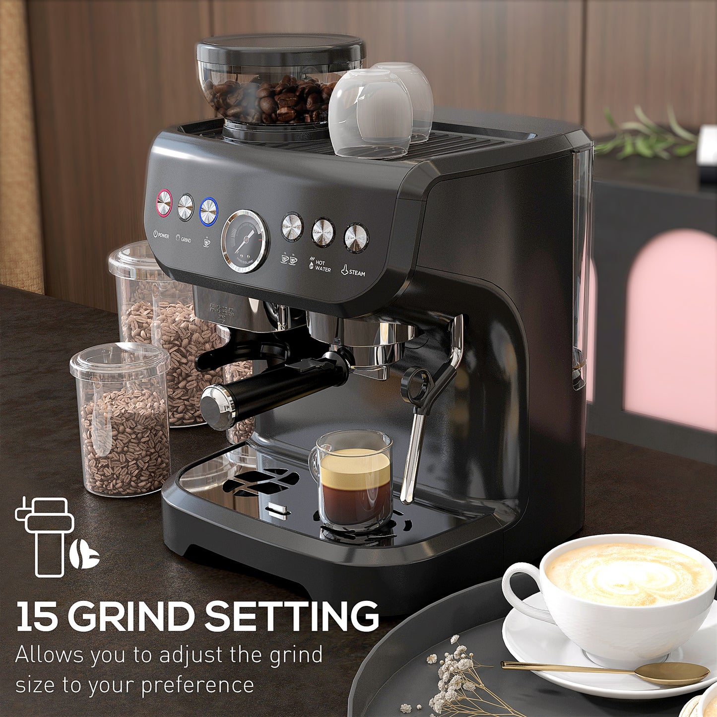 15 Bar Coffee Machine, with Adjustable Grind, Steamer and Accessories by HOMCOM-2