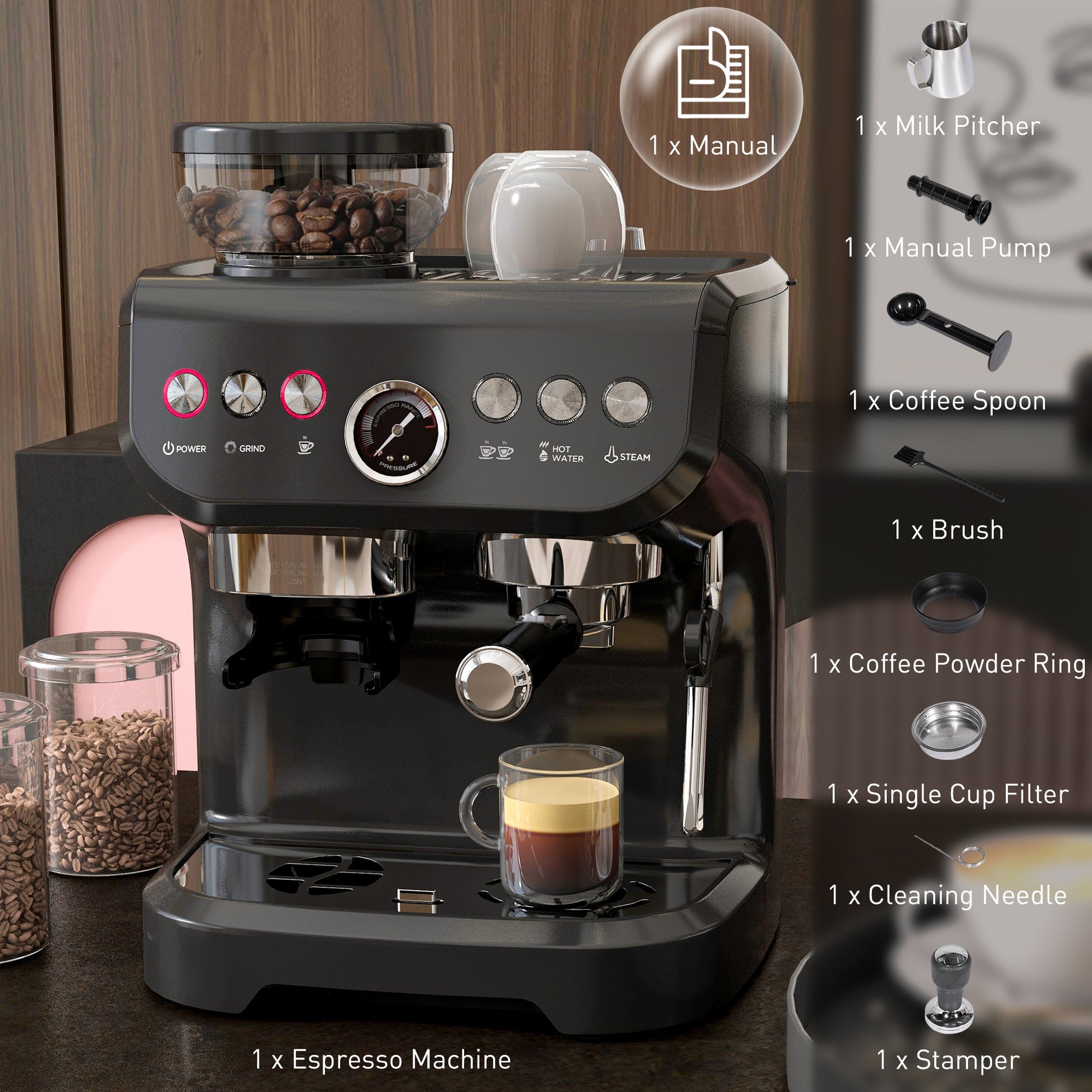 15 Bar Coffee Machine, with Adjustable Grind, Steamer and Accessories by HOMCOM-7