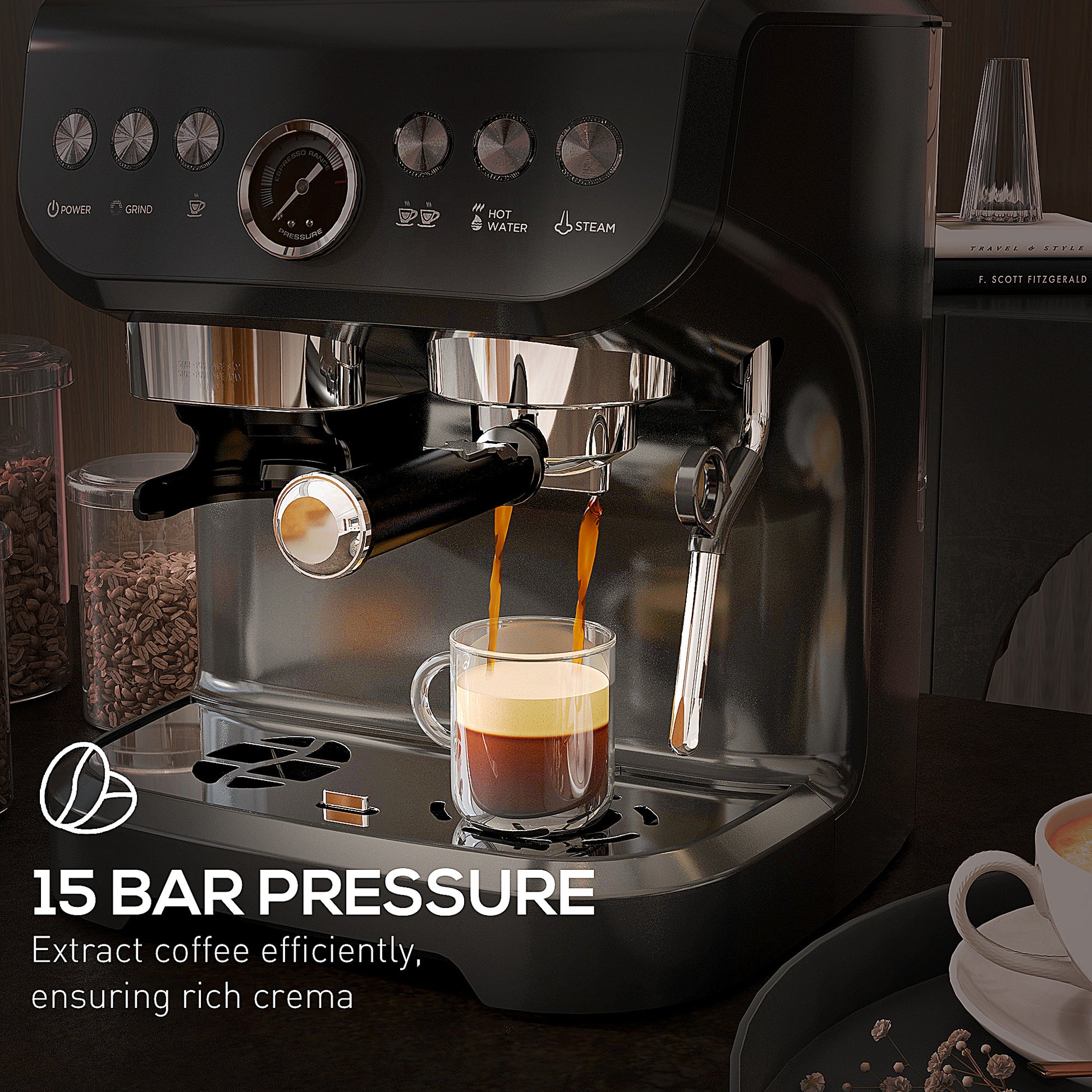 15 Bar Coffee Machine, with Adjustable Grind, Steamer and Accessories by HOMCOM-4