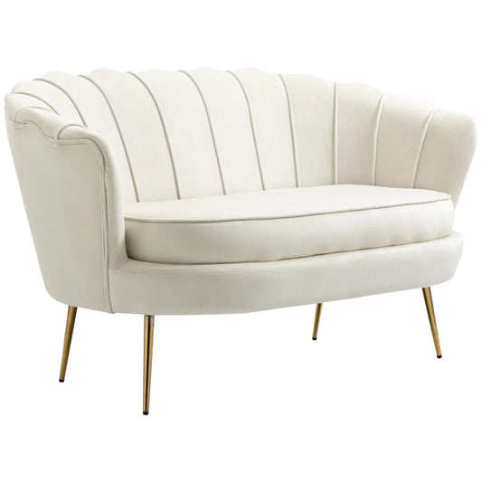 HOMCOM 2 Seater Sofa, Modern Velvet Loveseat Sofa, Fabric Small Couch with Petal Backrest and Gold Steel Legs for Living Room, Bedroom, Cream-0