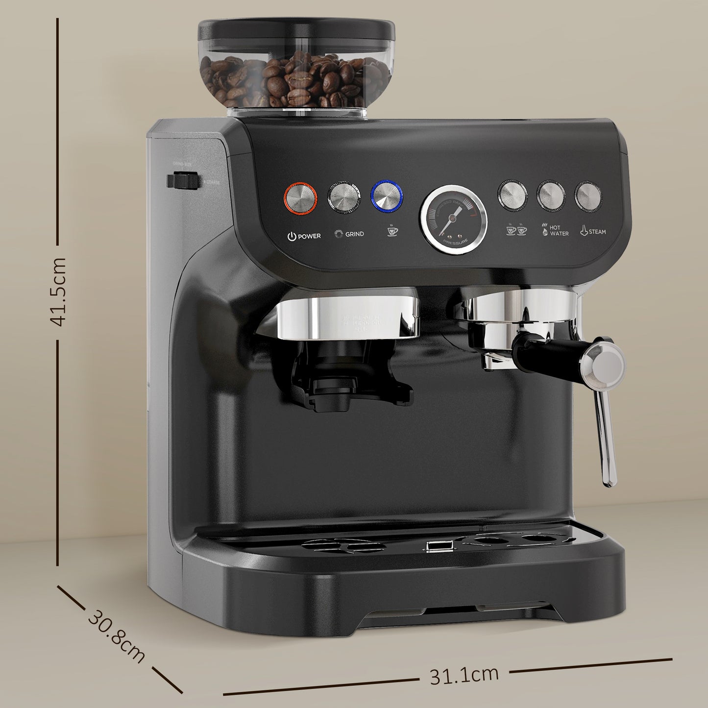 15 Bar Coffee Machine, with Adjustable Grind, Steamer and Accessories by HOMCOM-1