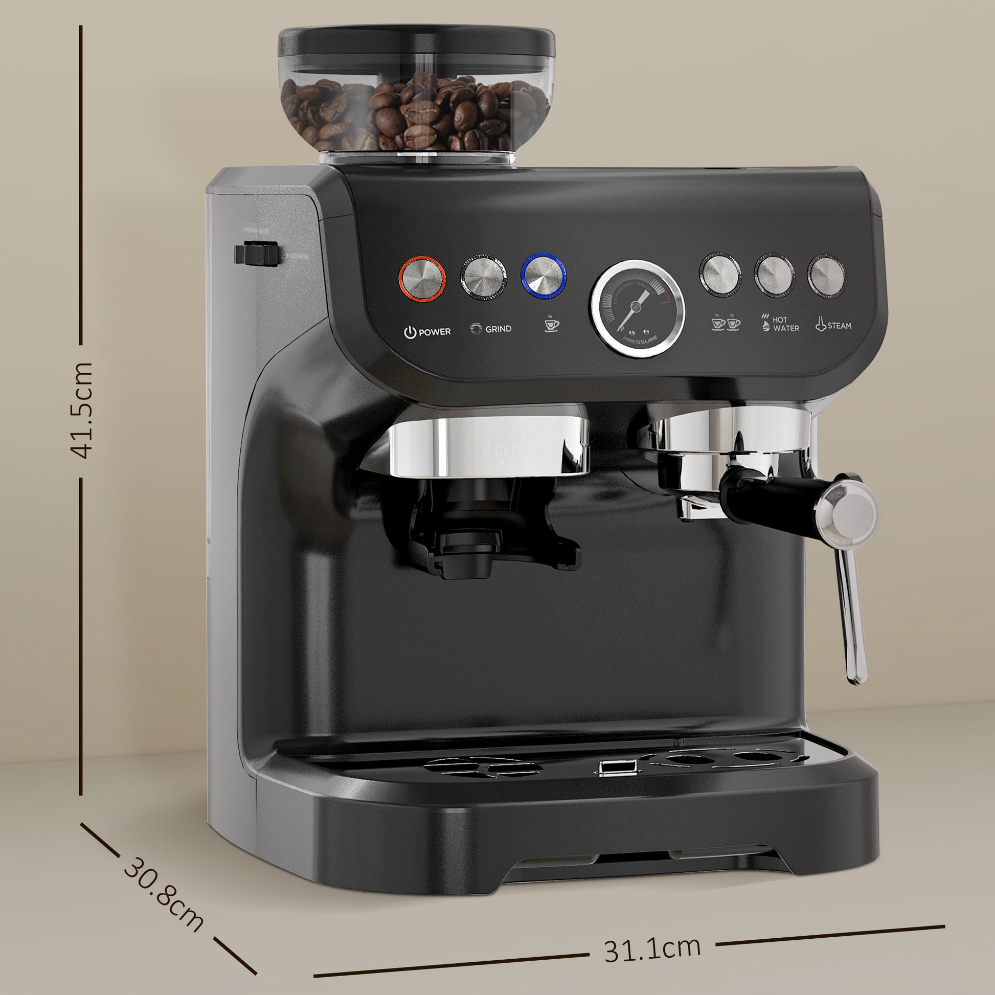 15 Bar Coffee Machine, with Adjustable Grind, Steamer and Accessories by HOMCOM-1
