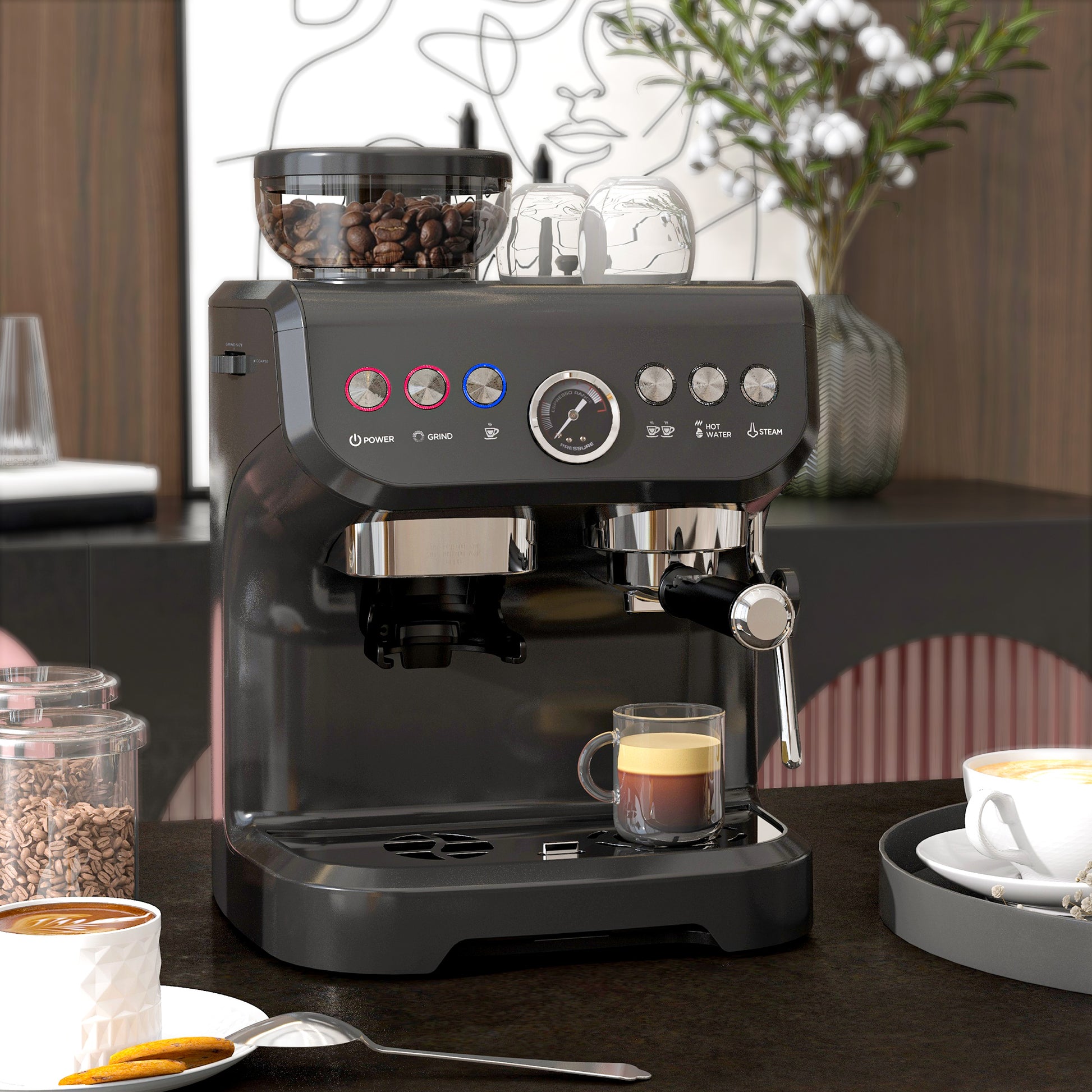 15 Bar Coffee Machine, with Adjustable Grind, Steamer and Accessories by HOMCOM-8