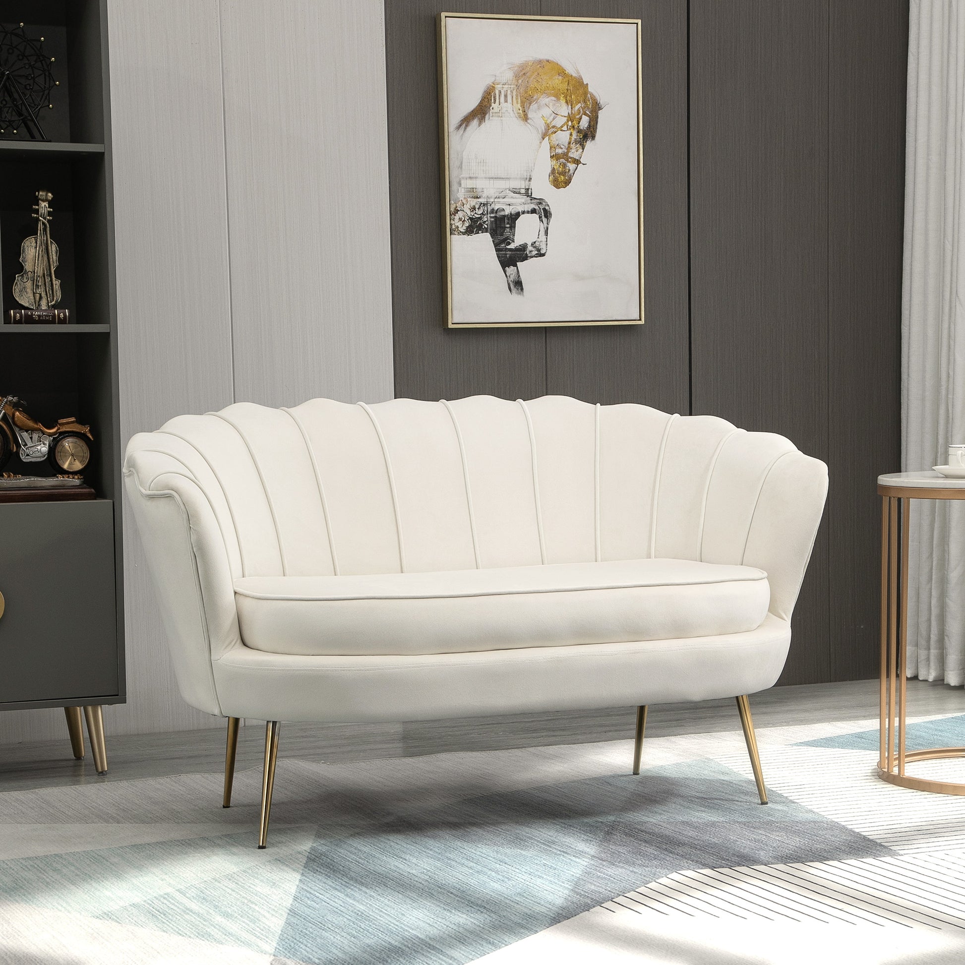 HOMCOM 2 Seater Sofa, Modern Velvet Loveseat Sofa, Fabric Small Couch with Petal Backrest and Gold Steel Legs for Living Room, Bedroom, Cream-8