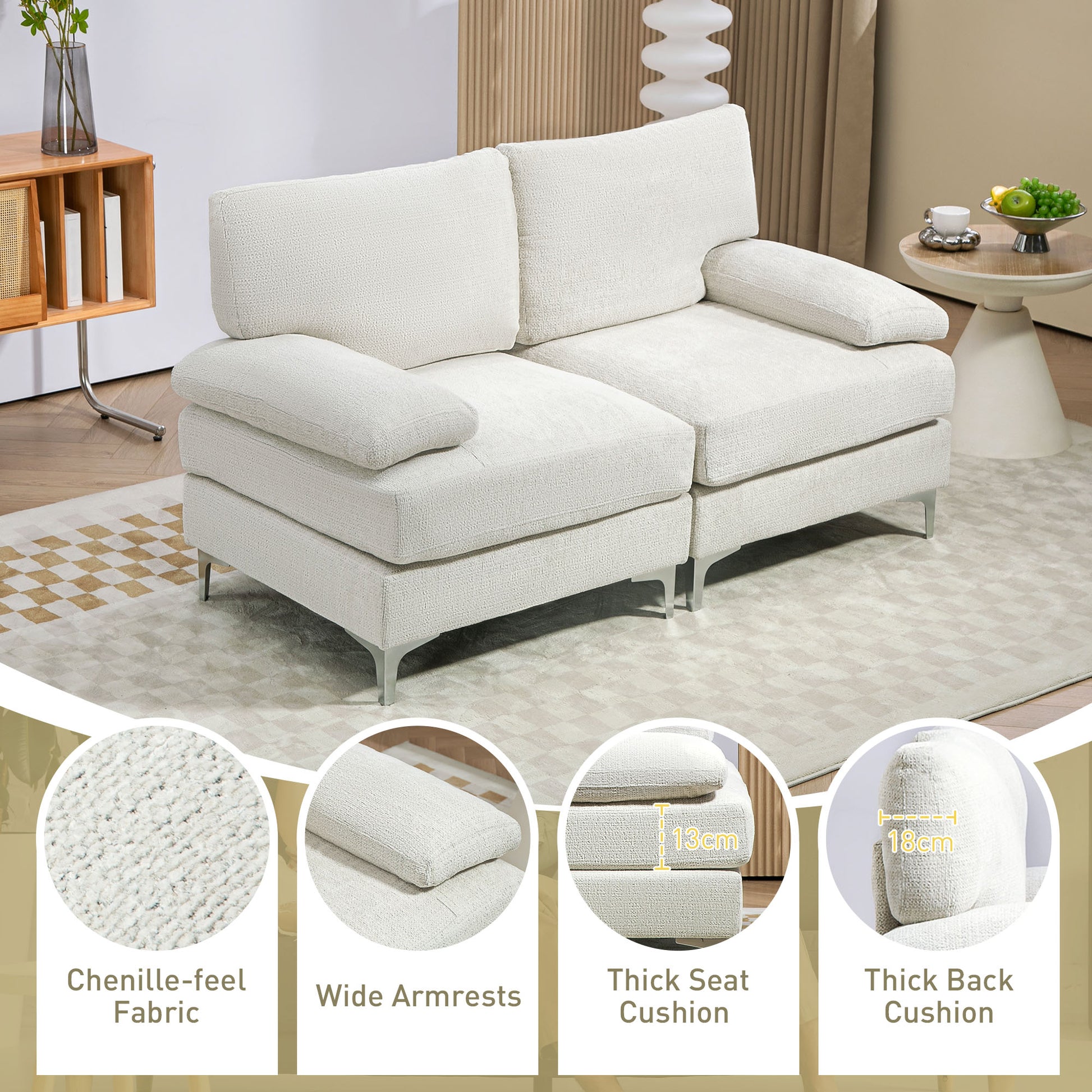 HOMCOM 2 Seater Sofa, Modern Fabric Loveseat with Spring Cushion and Metal Legs, Small Couch in Cream White-3