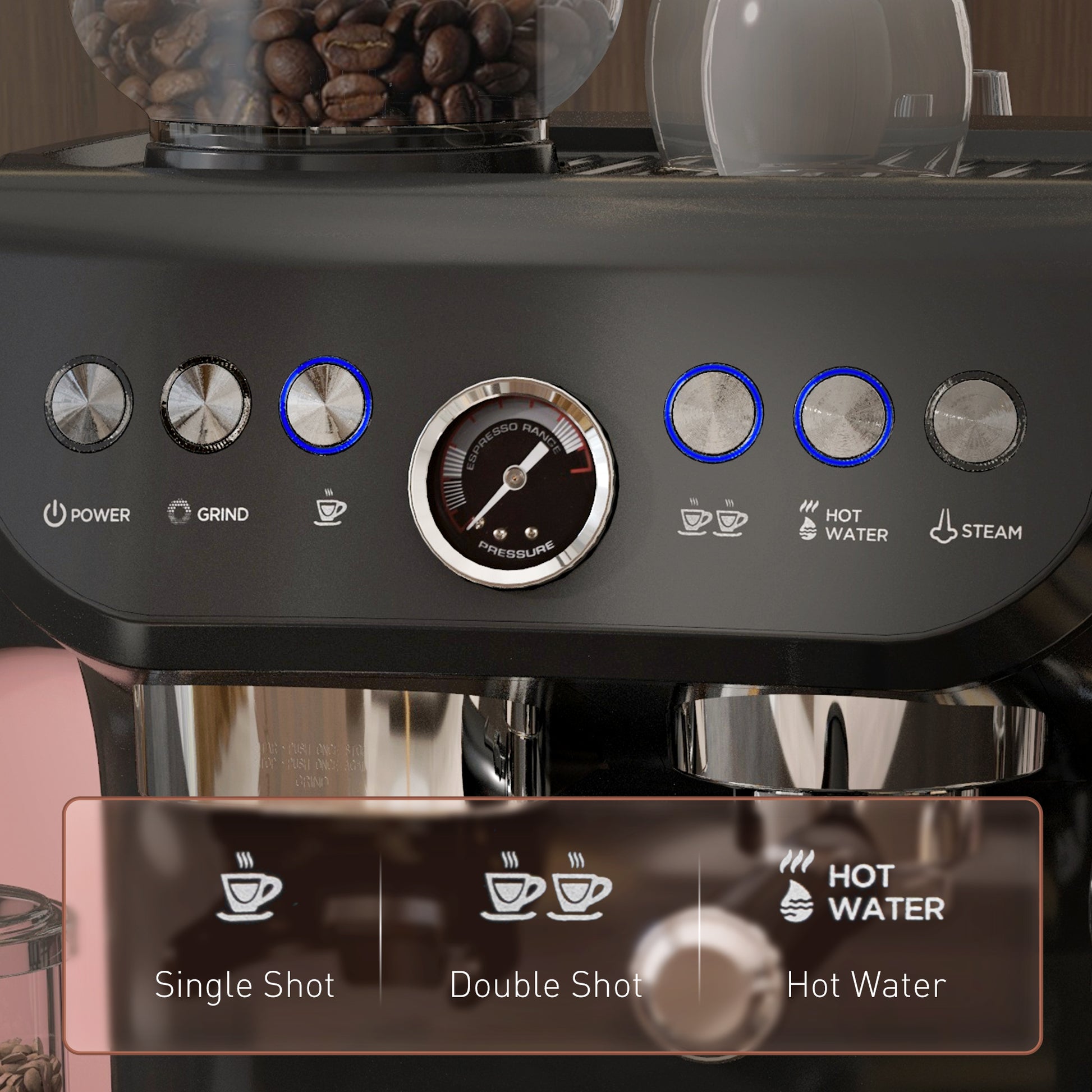 15 Bar Coffee Machine, with Adjustable Grind, Steamer and Accessories by HOMCOM-5